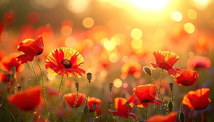 A vibrant field of red poppies glows under the warm, golden sunlight.