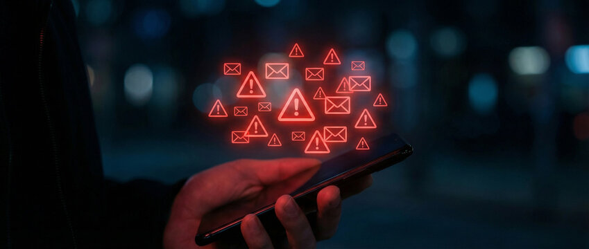 Smartphone User Receiving Multiple Spam and Security Warning Notifications with Red Alert Icons at Night
