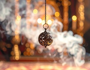 An ornate metal censer hangs amid swirling incense smoke with golden bokeh lights in the background.