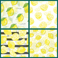 A collection of seamless patterns with lemons. A set of bright citrus fruits in a minimalist style on a white background.
