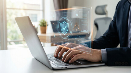 Secure Data Protection Concept with Businessman Using Laptop and Shield Icon Interface