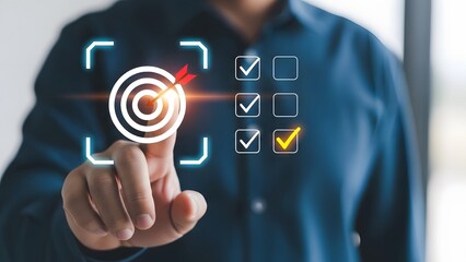 Businessman confirming successful task completion on a digital interface