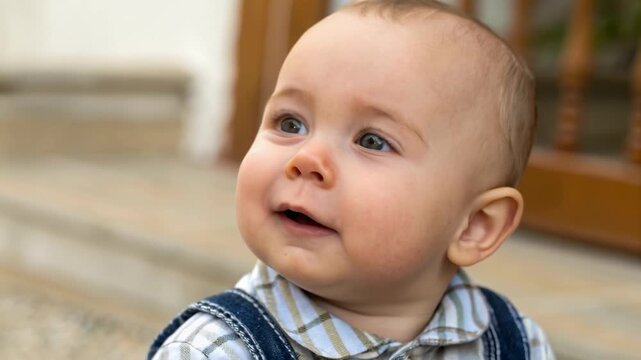 Smiling baby boy infant in denim overall and plaid shirt outdoors portrait with dimple and joyful smile, blue eyes looking up in soft natural light