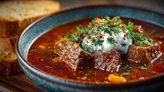 Explore the heartwarming process of preparing Hungarian goulash, showcasing tender beef, vibrant spices, and fresh herbs. Enjoy a bowl of this traditional dish with crusty bread.