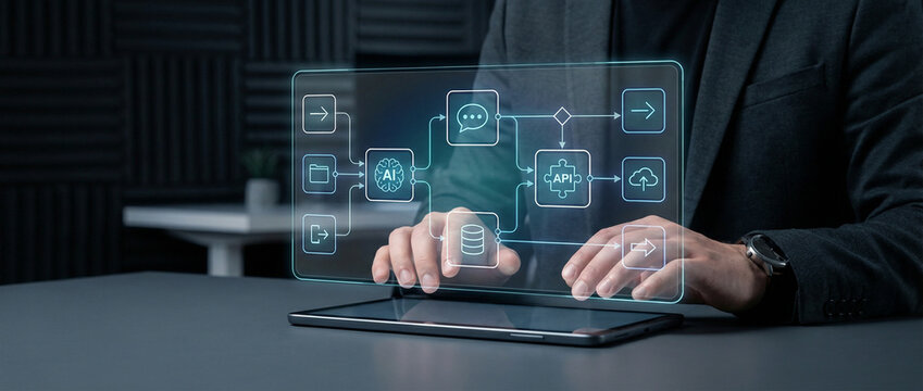 Software Developer Building Automated Workflow with AI and API Integration on Digital Tablet