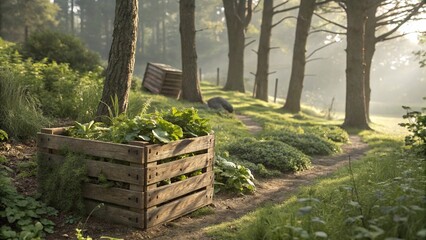 Rustic wooden planter box overflowing with lush green vegetables sits beside a misty woodland path during morning light.