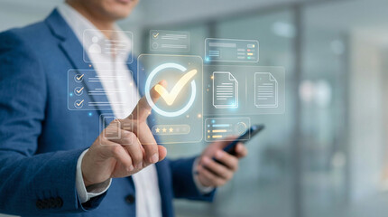 Professional businessman interacting with a holographic check mark for document approval and quality compliance on a smartphone