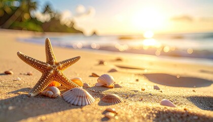 A vibrant starfish and seashells rest on golden tropical sand during a bright sunset.