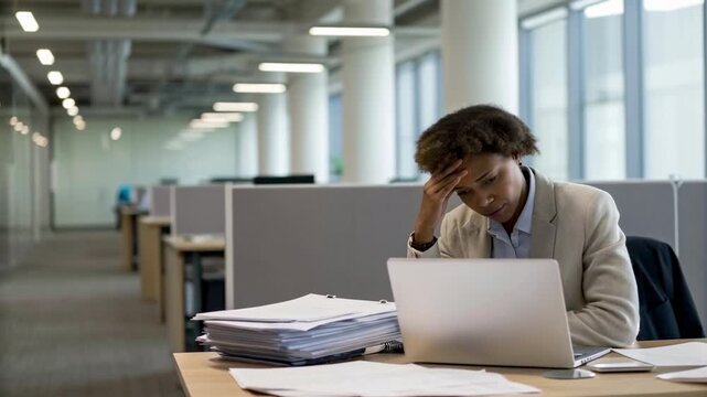 Stressed professional woman desk with laptop and paperwork open plan office, overwhelmed focused expression, modern young businesswoman with stack