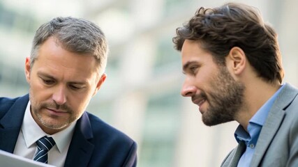 Two businessmen meeting review document discussing strategy urban office with colleagues professional business meeting discussion showing focus
