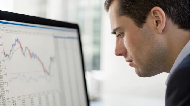 Young businessman man adult professional in office at computer monitor analyzing financial chart with focused expression and modern office background