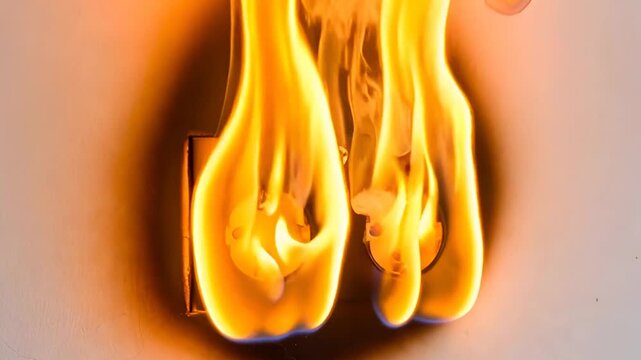 A close-up of a burning electrical outlet on the wall. A dangerous fire caused by a short circuit or overload. Concept of fire safety and faulty wiring in the home.