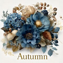 Obraz premium A beautiful autumnal floral arrangement features stunning blue flowers, leaves, and decorative elements on a neutral background in elegant style.
