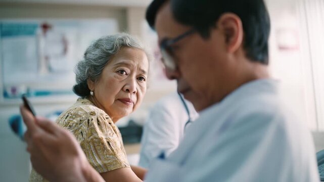 Senior Indonesian woman listens to her doctor during a clinic visit, while her husband notes down medical advice on his phone. Careful healthcare, attentive listening. Family health.