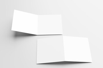 Half-fold brochure or bifold square blank white template for mockup and presentation design. Isolated on gray background. 3d rendering.