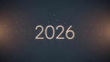 Glowing neon 2026 on dark background with sparkling particles