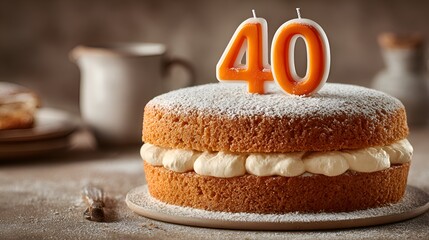A frosted layer cake topped with number forty candles celebrates a milestone birthday in a warm and inviting setting with neutral tones.