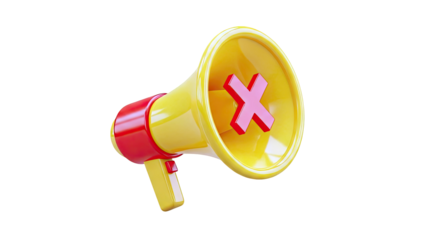 3D Yellow Megaphone with Red X Symbol on transparent background