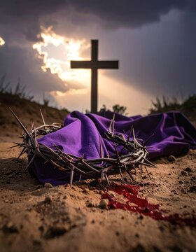 A dramatic depiction of the Crown of Thorns and cross against a stormy sunset.