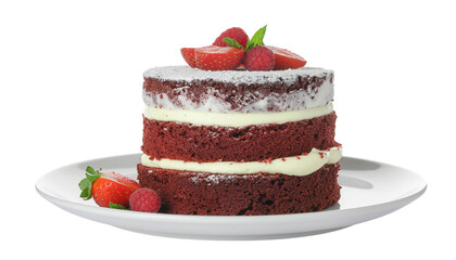 Rich red velvet cake garnished with fresh strawberries and raspberries on a white background