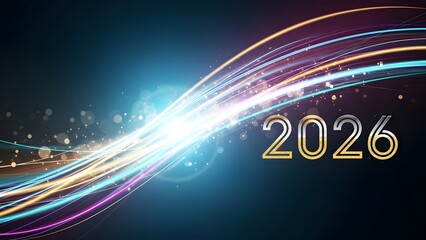 Vibrant 2026 neon light trails with sparkling particles