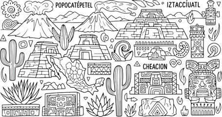 Naklejka premium Black and white illustration of a desert town with cacti and buildings