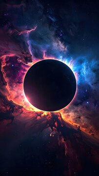 Dramatic depiction of a total solar eclipse behind a dark celestial body amidst vibrant cosmic nebulae.