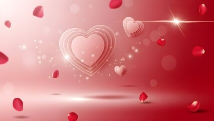 Elegant romantic Valentines Day background with floating hearts soft bokeh lights rose petals pastel red pink gradient dreamy glow luxury design copy space celebration theme ambience visuals