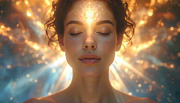 A woman in deep meditation with golden spiritual light emanating from her third eye.