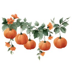 Obraz premium Watercolor illustration featu a garland of orange pumpkins and flowers hanging from a branch on a white background, isolated design element.