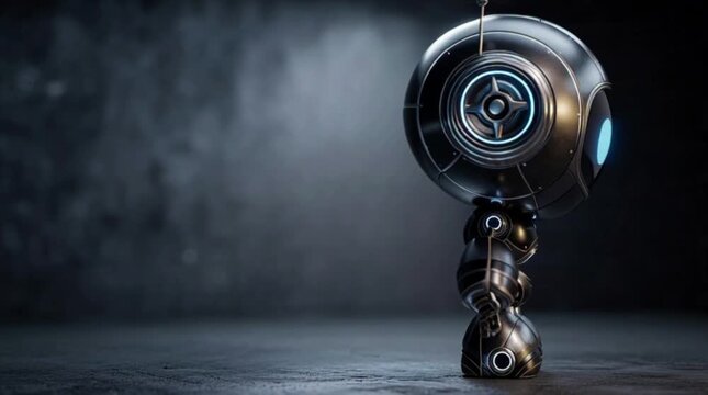 Close-up of a futuristic robot standing on a dark industrial floor with cinematic lighting.