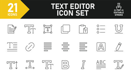 Text editor line icon set. Set of 21 outline icons related to text, align, paragraph, writing, tool, font, typography, bold and others. Editable stroke. Vector illustration.