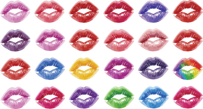 Colorful glossy lipstick kiss marks collection with vibrant lips shades makeup beauty vector illustration set