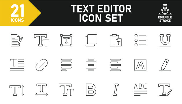 Text editor line icon set. Set of 21 outline icons related to text, align, paragraph, writing, tool, font, typography, bold and others. Editable stroke. Vector illustration.