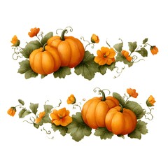 Watercolor pumpkins and flowers composition arranged for autumn seasonal decoration on a white background for a festive seasonal arrangement.