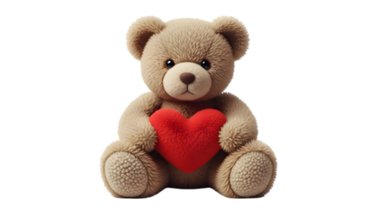 Cuddly teddy bear holding a heart isolated on transparent background