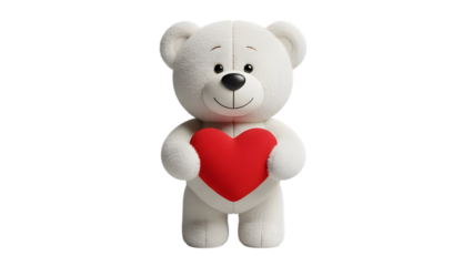 White teddy bear holding red heart isolated on transparent background