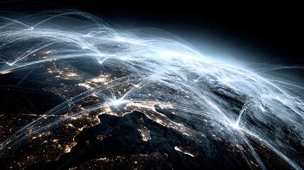 Aerial view of Earth showcasing an intricate network of illuminated global connections over Europe and North Africa, creating a visual marvel.