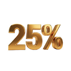 3D percentage text "25%", metallic golden color, smooth rounded edges, clean cutout style, isolated on pure white background, PNG format, no shadow, no background elements, studio lighting,