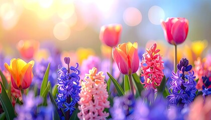 Vibrant close-up of tulips and hyacinths bathed in warm morning sunlight with a soft bokeh background.