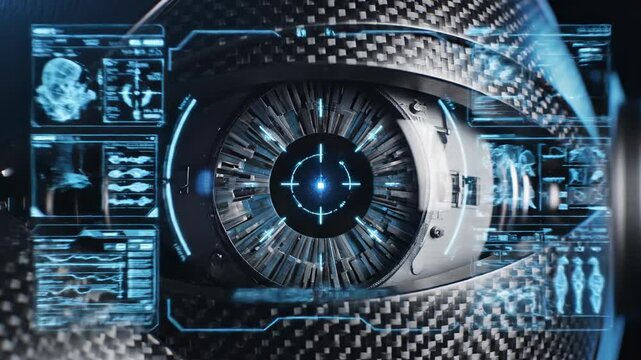 Advanced technologies showing robotic eye with data display in futuristic setting