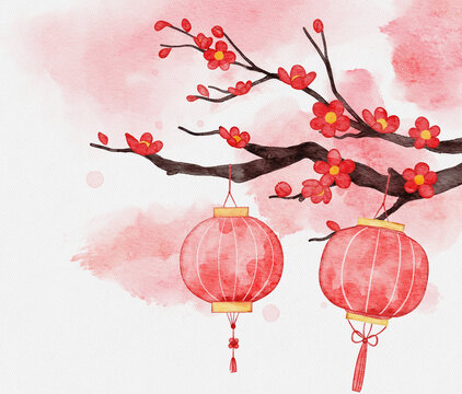 Watercolor Chinese Lantern with Plum Ornament for Lunar New Year Decoration.