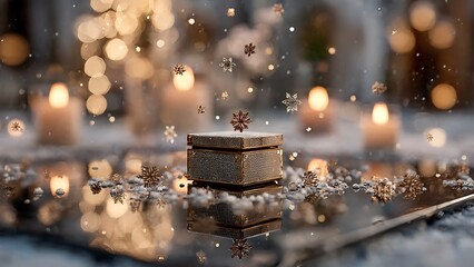 Elegant golden gift box amid sparkling snowflakes and candlelight, perfect for festive holiday promotions, luxurious gift guides, and heartwarming seasonal campaigns
