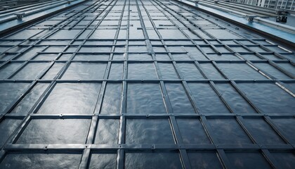 Abstract view of a modern building facade with a grid pattern and reflective surfaces.