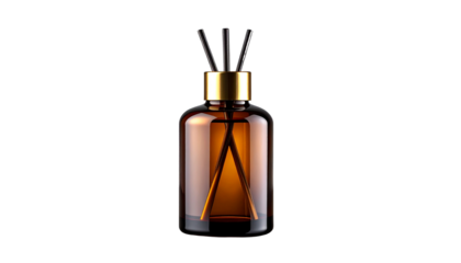 Elegant Amber Glass Reed Diffuser with Gold Cap on a Dark Gradient Background for Home Fragrance and Decor Product Mockup isolated on solid white background3