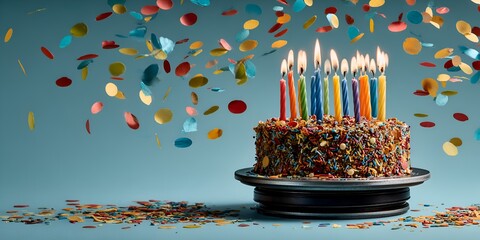 Decorated birthday cake adorned with colorful candles stands amidst a vibrant shower of confetti against a serene blue backdrop for celebrations.