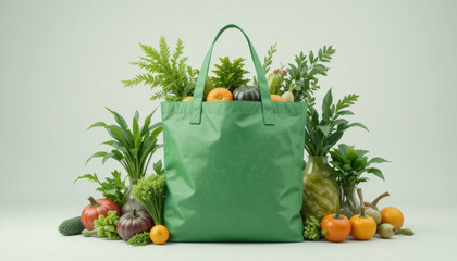 Vibrant green reusable shopping bag is surrounded by assortment of fresh vegetables and fruits, including pumpkins, oranges, and leafy greens, set against light background. scene conveys sense