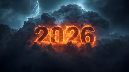 The Year 2026 Engulfed in Fiery Flames Against a Dramatic Thunderstorm Sky with Lightning