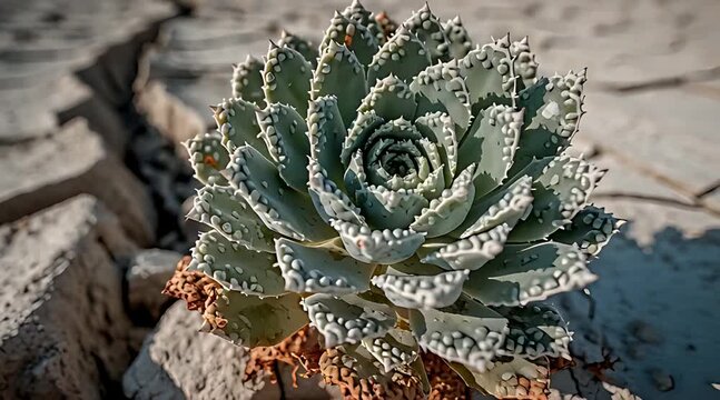 A slow-zoom on a resilient succulent plant growing in dry, cracked earth, symbolizing survival, hope, and the persistence of life in the face of climate change, drought, and harsh conditions
