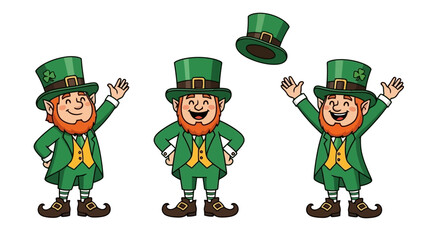 Three leprechauns in green suits and hats celebrating St. Patrick's Day.